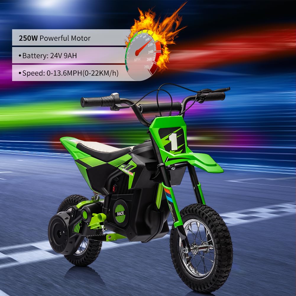 24V Electric Off-Road Motorcycle,250W Motor 13.6MPH Fast Speed Motocross,Leather Seat Dirt Bike,Twist Grip Throttle,Metal Suspension,Air-Filled Tires,for Kids Teens 8+ (Green)