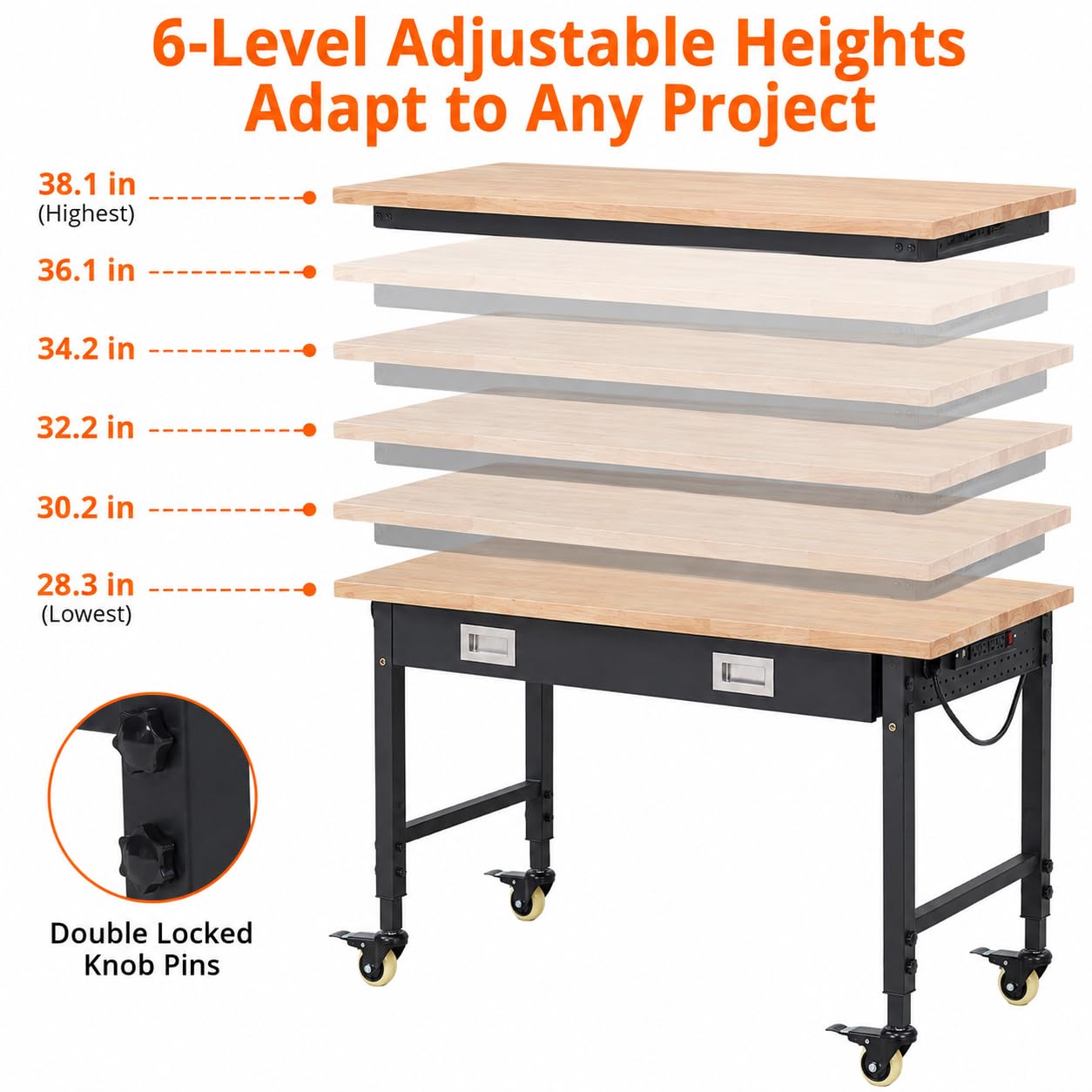 48"x24"x1.2" Heavy Duty Adjustable Workbench with Rubber Wood Top, Drawer Storage, 9 ft Power Strip, 2000 LBS Load Capacity, Lockable Wheels, ETL Certified, Black Garage & Workshop Table