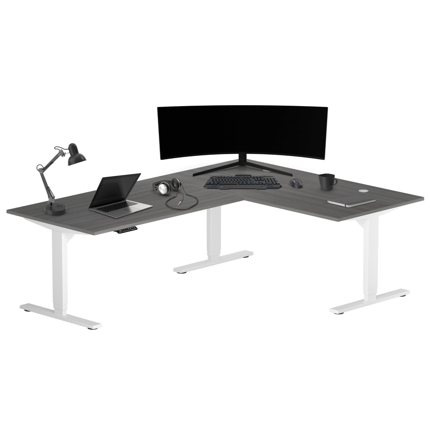 Progressive Desk Electric Stand Up Height Adjustable Standing Desk - L Shaped 78" x 60" Corner Table Computer Rising Workstation - White Frame, Gray Oak