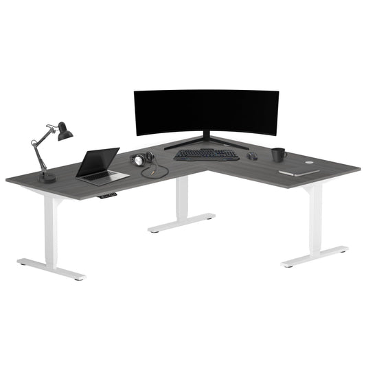 Progressive Desk Electric Stand Up Height Adjustable Standing Desk - L Shaped 78" x 60" Corner Table Computer Rising Workstation - White Frame, Gray Oak
