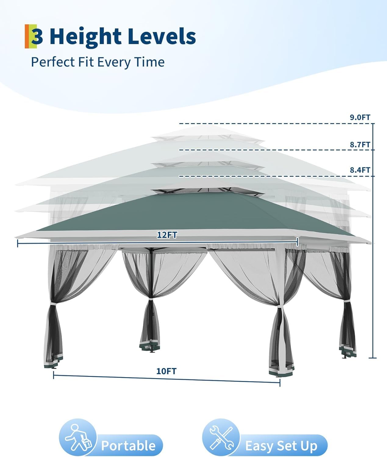 GarveeHome Canopy Tent, Pop Up Gazebo One-Push Setup with 4 SandBags, Outdoor Gazebo with Mosquito Netting, Pop up Canopy for Backyard Parties and BBQs & Height Adjustable,12x12 FT, Green