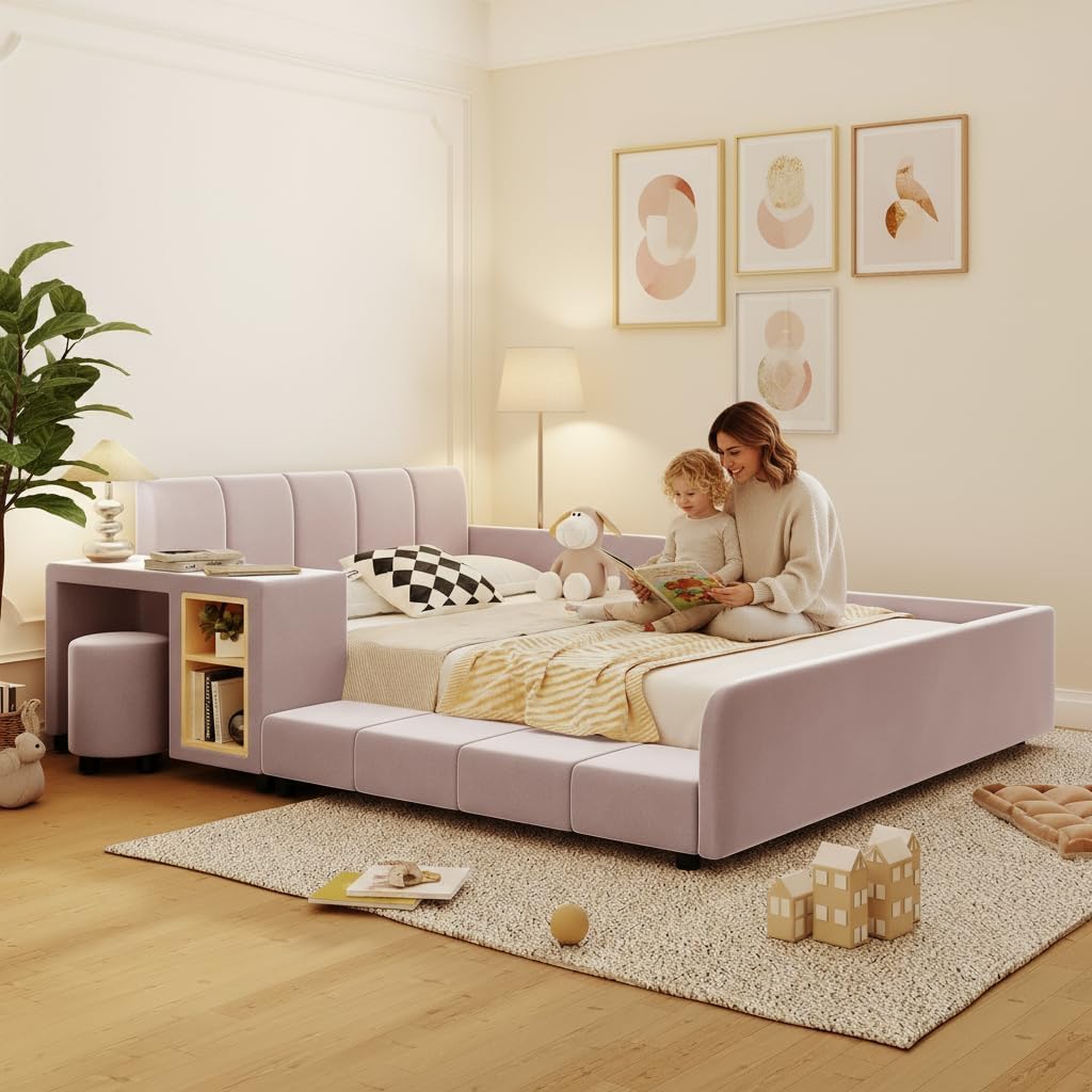 Merax Full Size Velvet Bed Frames Upholstered Grounded Bed, Wooden Mother & Child Bed with Bedside Desk and Little Round Stool,Kids Adults Bedroom Floor Platform Bed,Pink