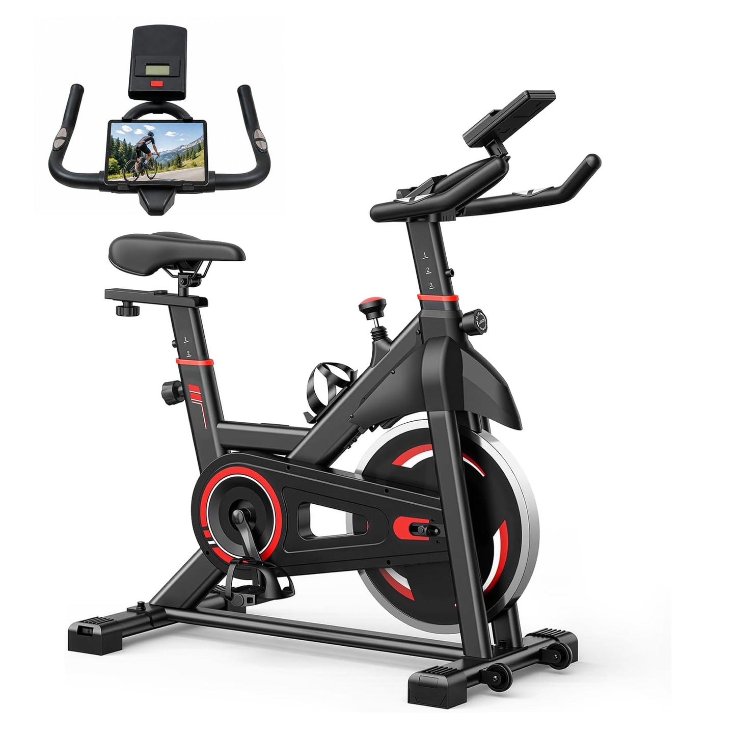 Exercise Bike with APP, Stationary Bike for Home, Workout Bike for Adults & Seniors, Indoor Cycling Bike with Adjustable Resistance, Low Noise, Easy Assembly, 265LB Weight Capacity, Black&Red