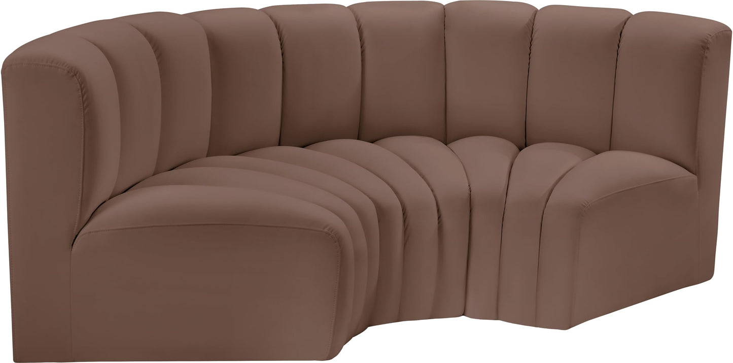 Meridian Furniture 101Brown-S3C Arc Collection Modern | Contemporary Modular Sofa with Soft Brown Vegan Leather, Deep Channel Tufting, Modular Design, 80" W x 37" D x 30" H, Brown