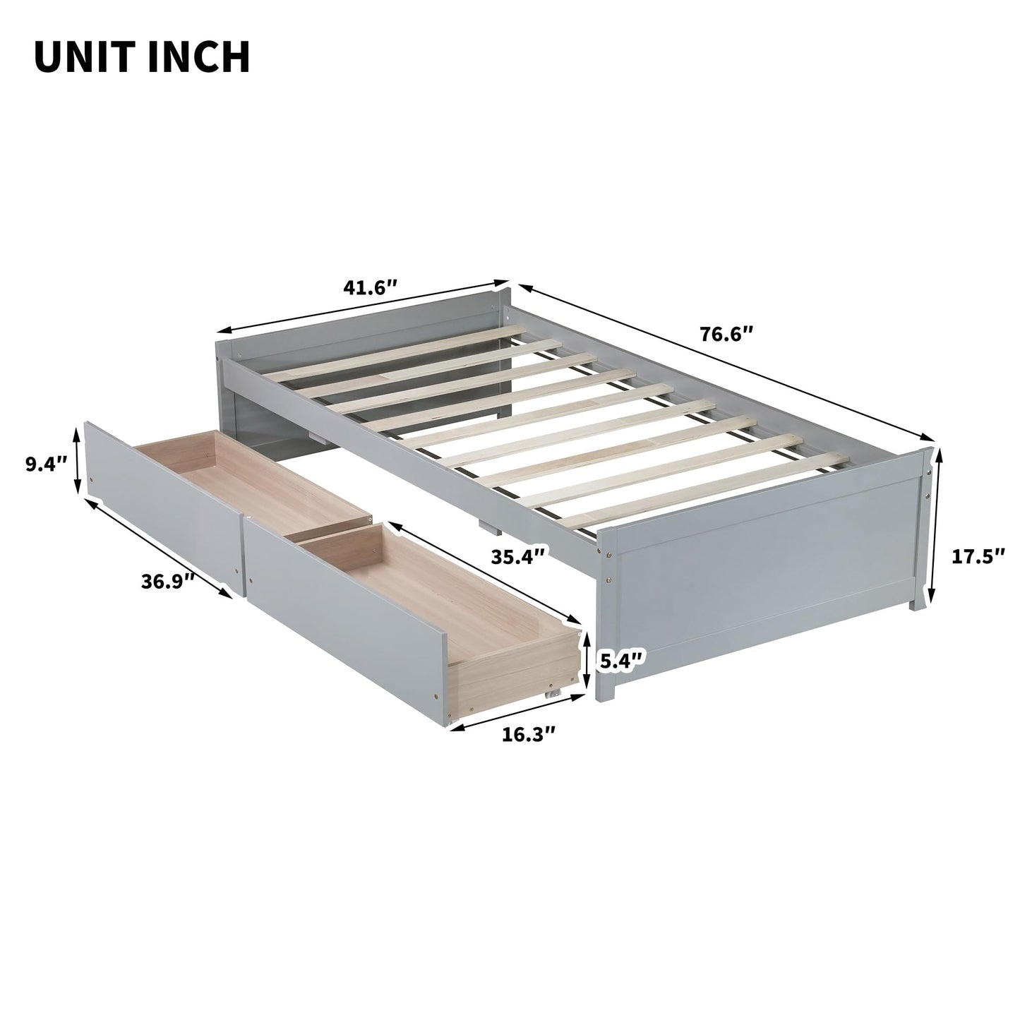 Twin Size Bed with Storage Drawers,Solid Rubber Wood Platform Bed Frame with 2 Pull-Out Drawers on Wheels,Wooden Beds for Kids Room Guest Room Bedroom,No Box Spring Needed,Easy Assembly,Grey
