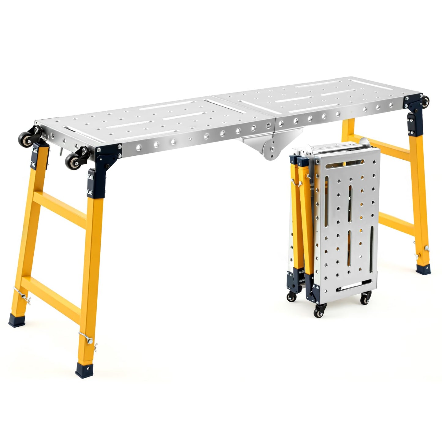 Gisafai Steel Welding Table Heavy-Duty Portable Work Platform with Casters 1100 Lbs Load Capacity Adjustable Height 55 x 14 Inch Galvanized Top Table Versatile Folding Bench