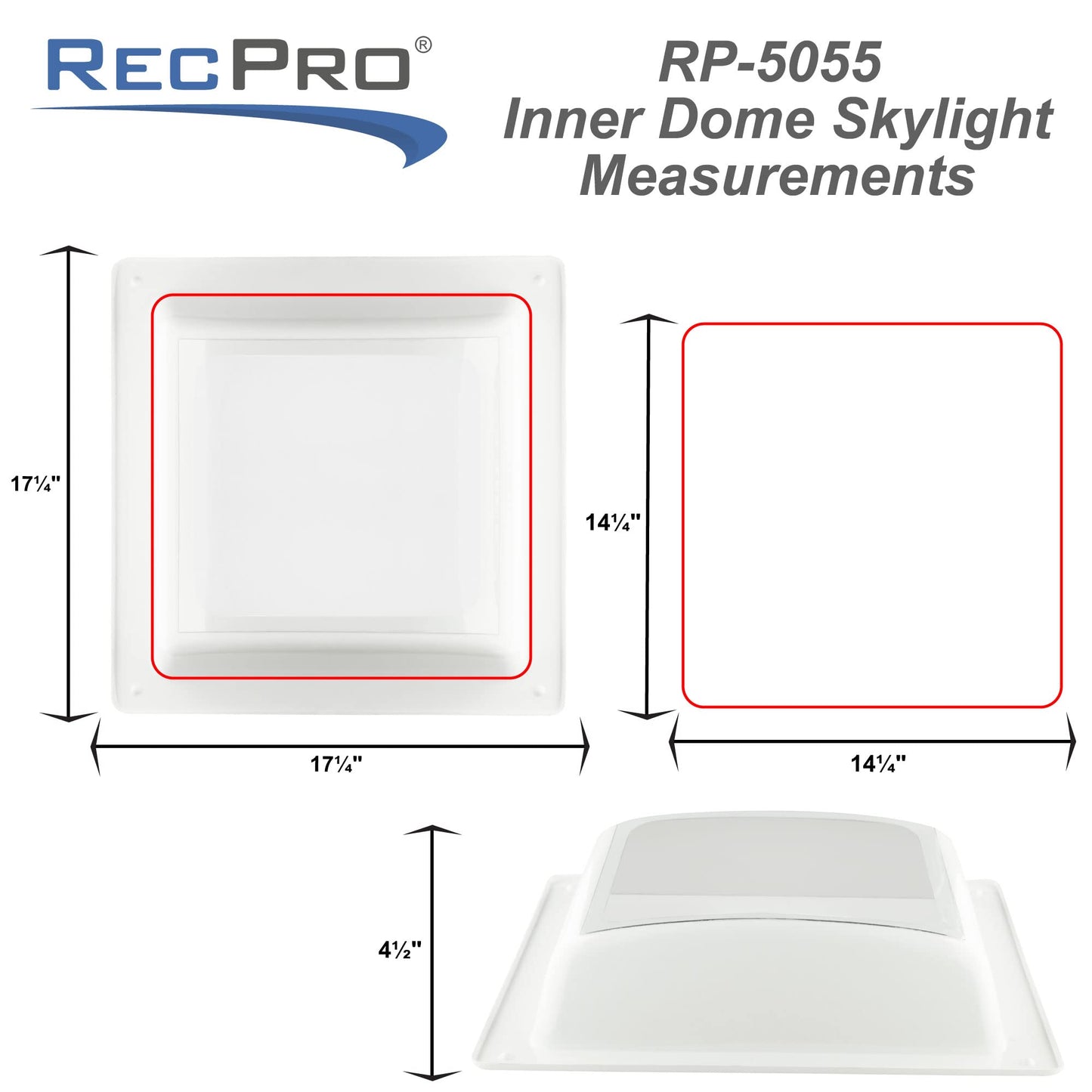 RecPro RV Skylight Inner Dome with Clear Window, Model RP-5055, 14in x 14in Universal Size