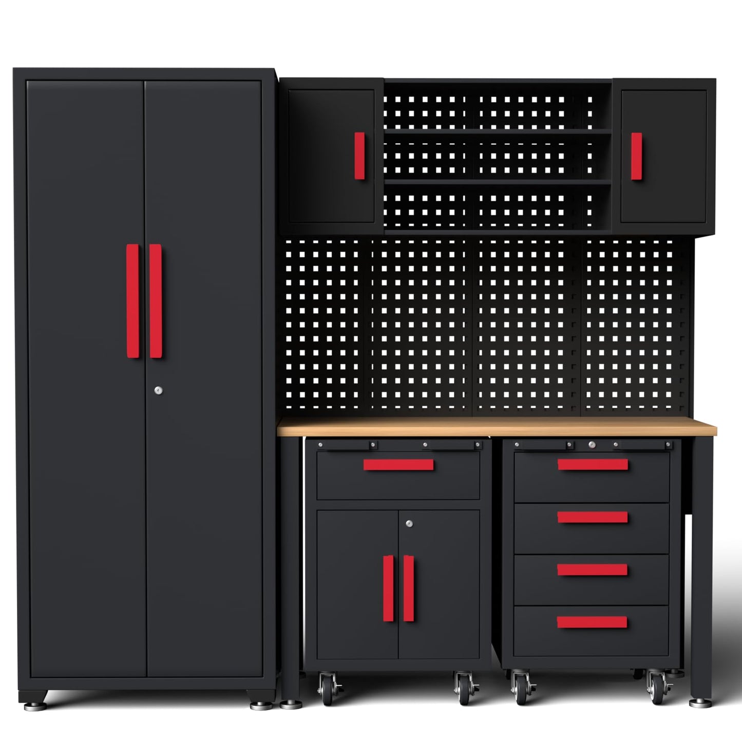 Tsnritor Garage Cabinets Storage System, 6Pack Workshop Set with Steel Cabinet Drawers, Rolling Chest, Workbench, Pegboard for Tool Organization,Red