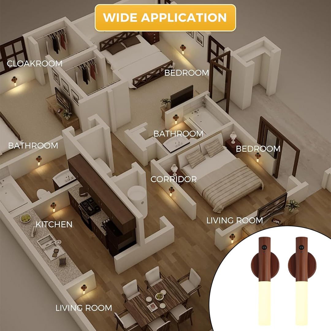 LANDGOO LED Nursery Night Light, Rechargeable Motion Sensor Lamp, Portable 360? Lighting, Walnut Wood, Model 240814040003, 2Pcs