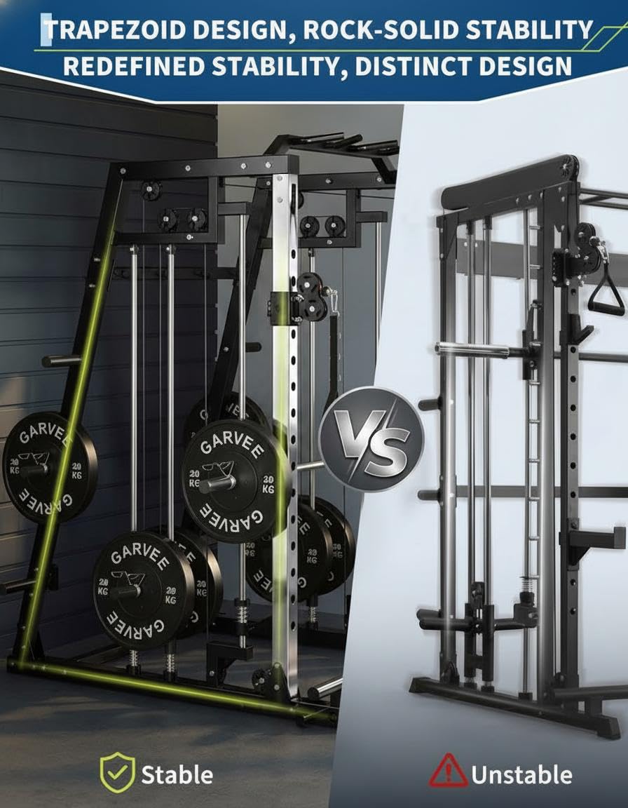 Smith Machine Home Gym, 2200lbs Squat Rack Power Cage with LAT-Pull Down System & Cable Crossover Machine, Multi-Function Training Equipment with Leg Hold-Down Attachment