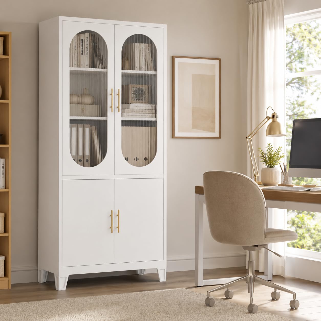 Arched Storage Cabinet with Glass Doors, 71" Tall Metal Pantry Cabinet, White Freestanding Storage with Upper Fluted Glass and Lower Metal Doors, Adjustable Shelves for Dining Room, Living Room