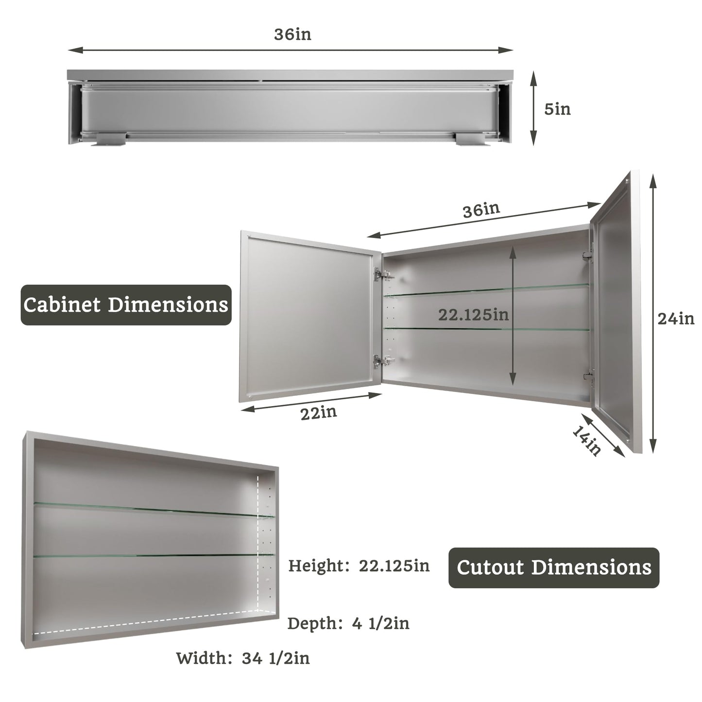 ComfyStyle 36x24 Bathroom Medicine Cabinet with Mirror,Aluminum Alloy Frame with Mirror Side Panels,Surface or Recessed Medicine Cabinet with Adjustable Shelves,Assembly Required
