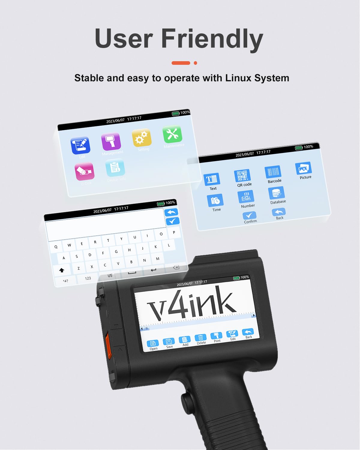v4ink BENTSAI Handheld Inkjet Printer BT-HH6105B2 Portable TIJ Handheld Printer with 12.7mm Print Height for Batch Number Date Logo QR Code Barcode Picture Printing on Any Surfaces