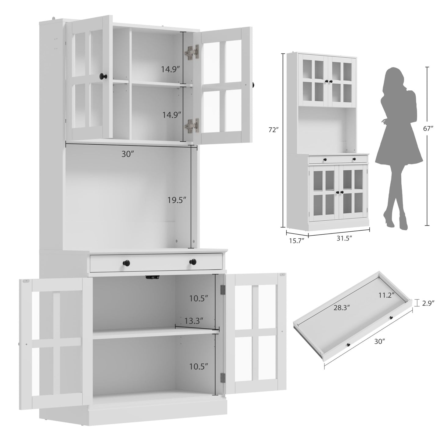 Garvee 72 Inch Kitchen Pantry Cabinet with Glass Doors, Drawer and Adjustable Shelves, Farmhouse Tall Storage Cabinet with Open Countertop, Coffee Bar Cabinet for Coffee Corner, White