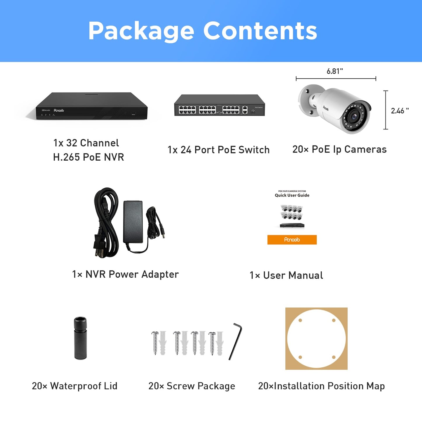 PANOOB 32 Channel Security Camera System 4K, 20pcs 8MP Wired Outdoor Home Surveillance IP PoE Cameras with Human Vehicle Detection, Remote Playback Built-in Mic, 4K 32CH NVR 8TB HDD, PB37F2032-8M
