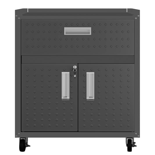 Manhattan Comfort Fortress Rolling Garage Storage Cabinet with Drawer & Adjustable Shelves, Lockable Metal Compartment for Tools, Heavy-Duty Mobile Utility Organizer with Wheels, Charcoal Gray