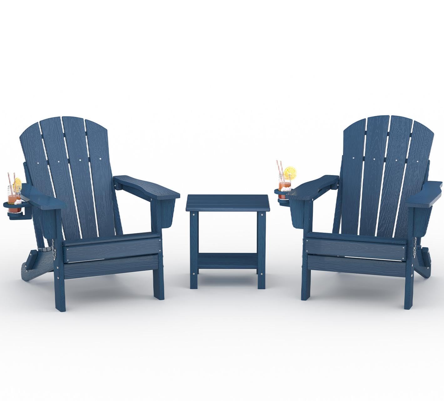 GarveeLife Folding Adirondack Chair Set of 2 with Side Table, All-Weather HDPE Outdoor Chair, Wooden Textured with Cup Holder for patios, Decks, Gardens, fire pits, Navy Blue
