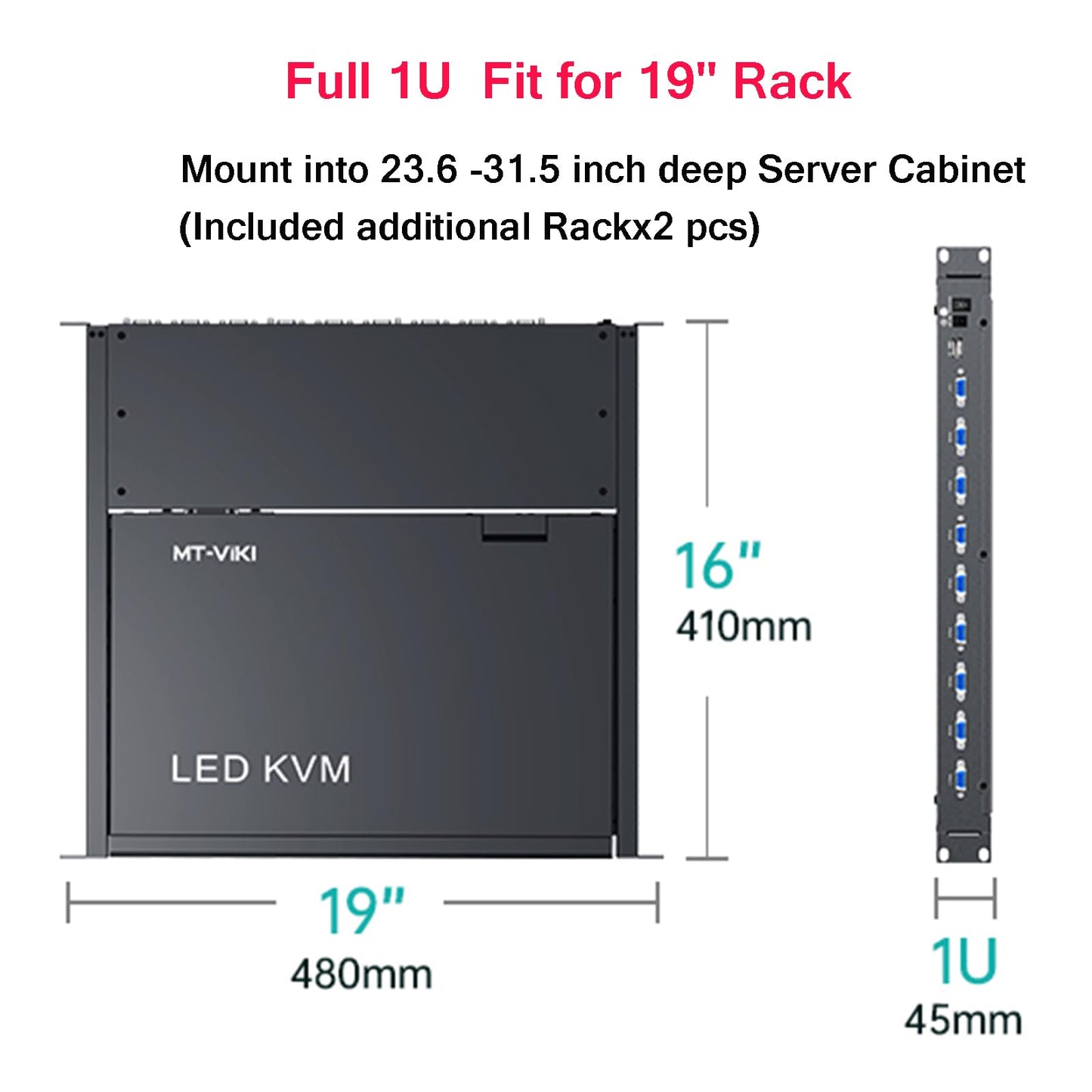 MT-VIKI Rack Mount KVM w/15.6" LCD Monitor, 8 Port VGA KVM Switch, 1080@60Hz 1U Integrated Monitor Keyboard, Fits 18.9" to 31.5" Deep Racks (480-800mm), Included 8 Cables for Server Room, Data Center