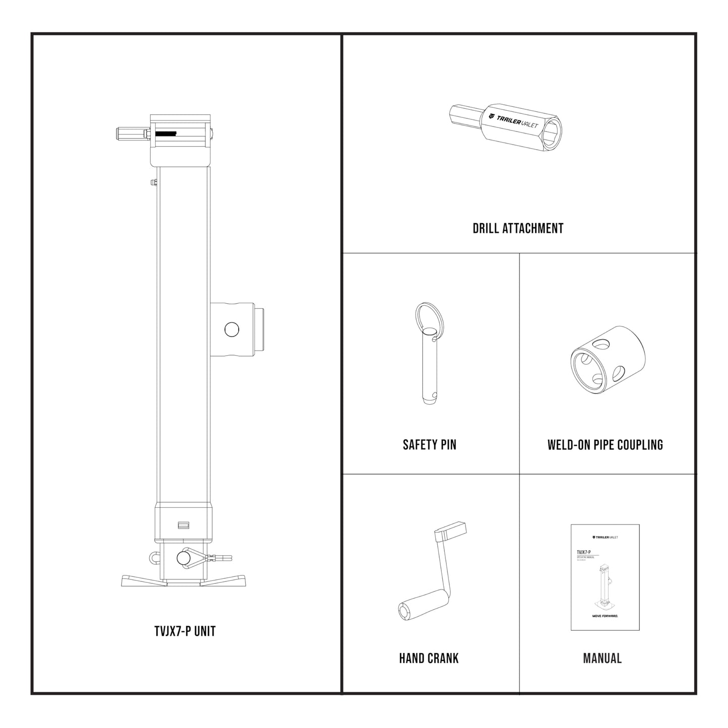 Trailer Valet TVJX7-P Direct Pipe Welded Jack – 7,000 lbs Capacity – Manual & 20–24V Drill-Powered Operation – Heavy-Duty Weld-On Jack with Drop Leg, Safety Pin, and Crank Handle