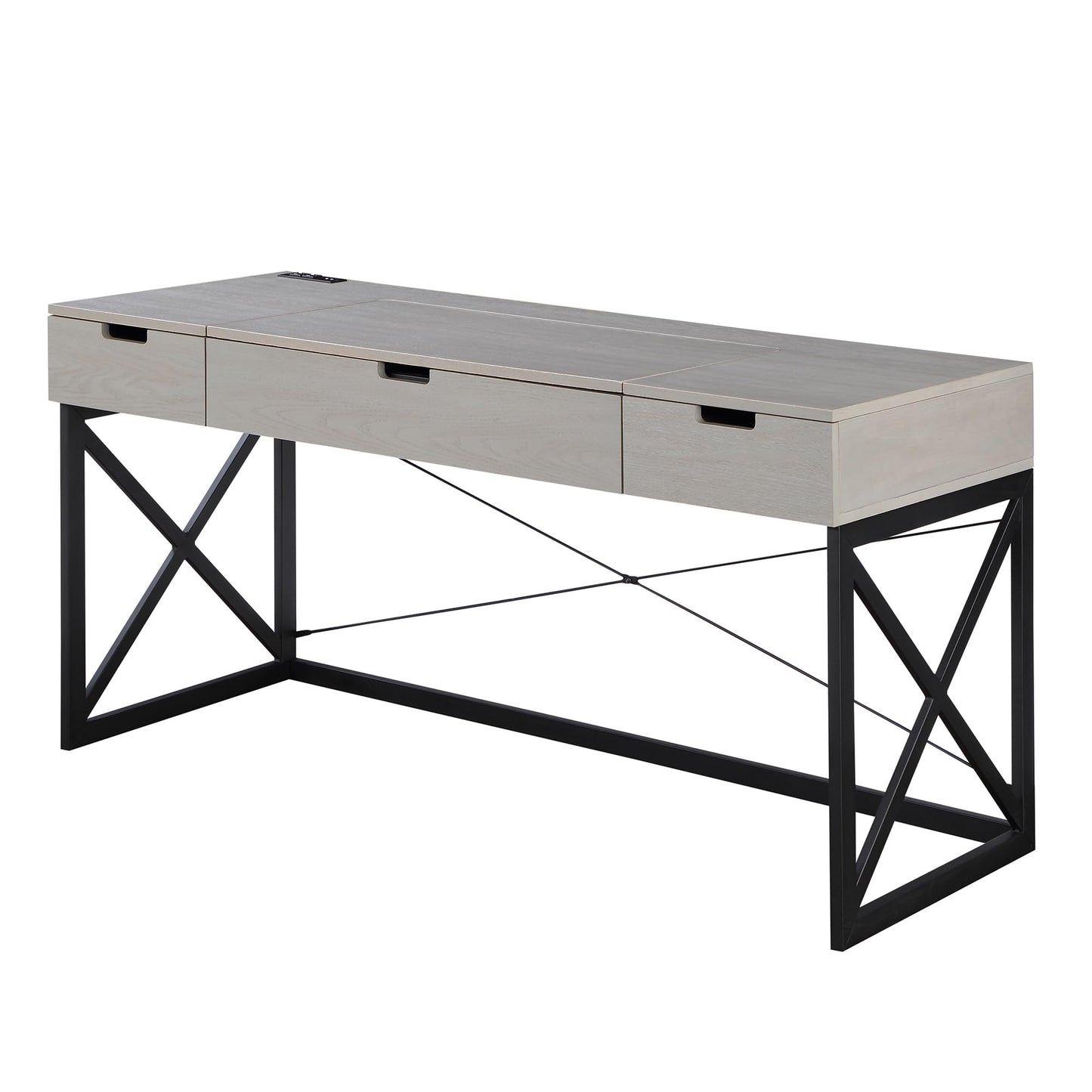24/7 Shop at Home Ashiya Transitional 2 Drawers Metal Hidden Storage Desk with Lift-Top, USB Port, Power Outlet for Workstation, Home Office, Study Room, Antique Gray