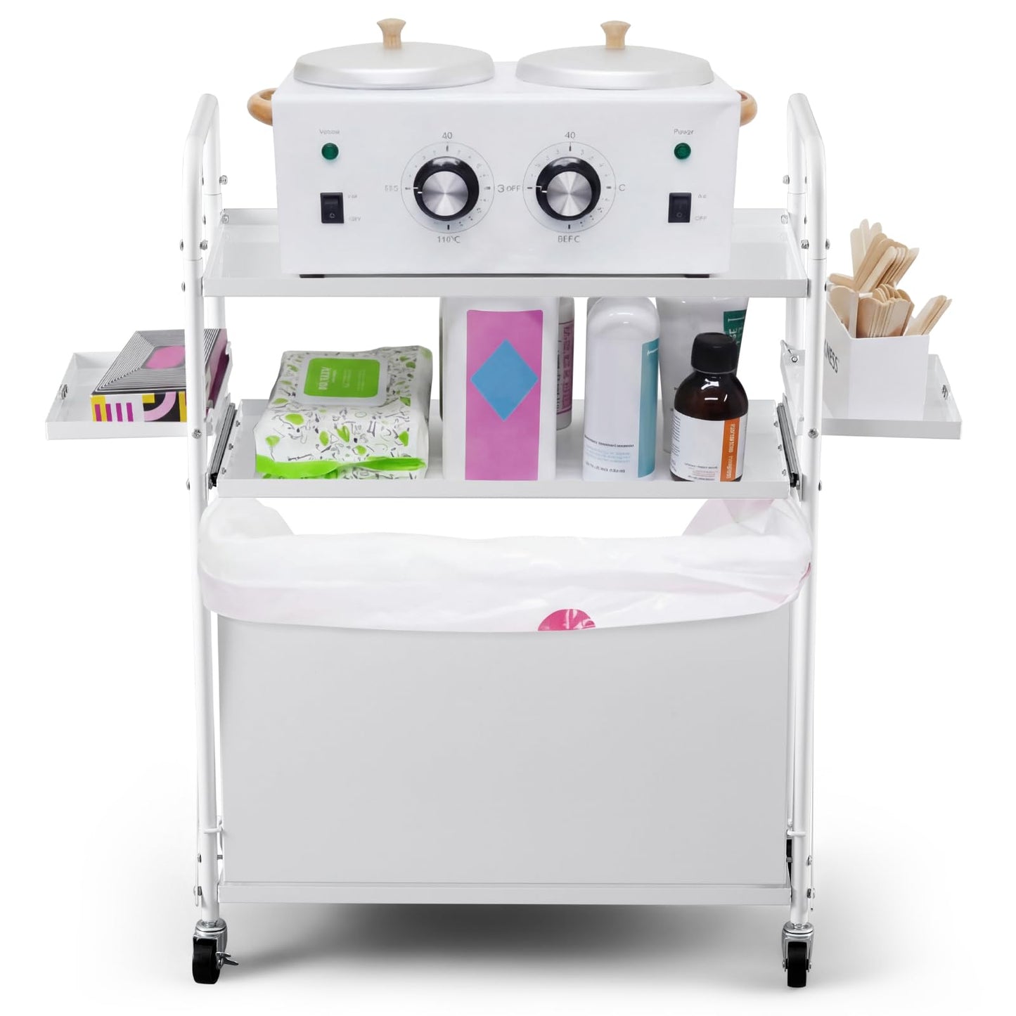 DaisyInner Foldable Waxing Cart Trolley with Wheels, 3-Tier Esthetician Rolling Wax Cart with Pull-Out Tray & Trash Bin, Wax Warmer Storage Station for Salon Spa Massage, White, 12" L x 26" W x 37" H