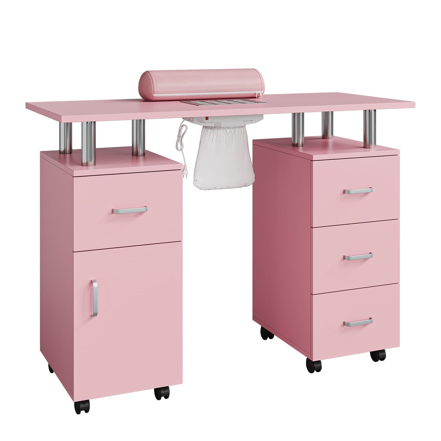 Manicure Table with Dust Collector, 42" Nail Desk for Nail Tech with Lockable Wheels, 4 Storage Drawers, Arm Rest, Acetone Resistant Top and Storage Cabinet Pink
