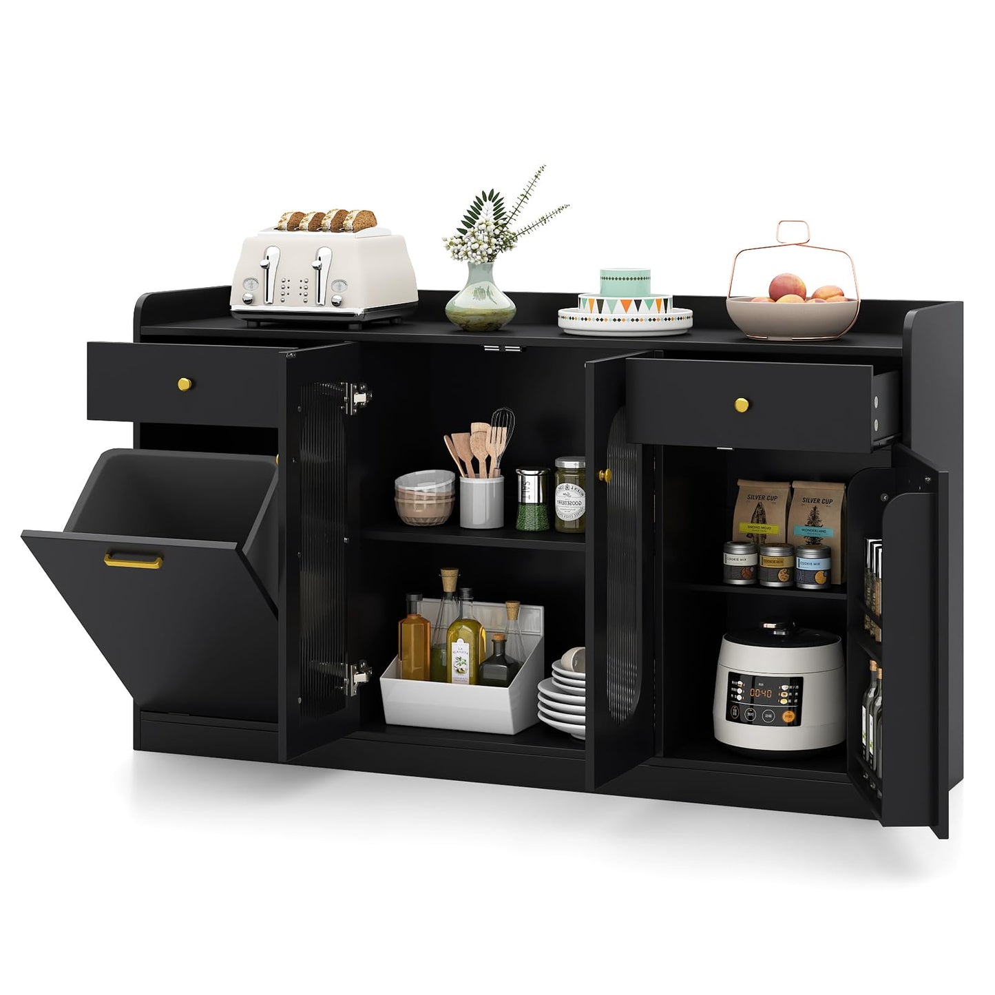 Giantex 55" Farmhouse Buffet Cabinet, Large Credenza w/Hidden Tilt Out Trash Can, 2 Glass Doors, 2 Drawers & Adjustable Shelves, Modern Sideboard Coffee Bar Cabinet for Kitchen, Dining Room (Black)