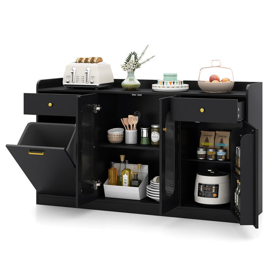 Giantex 55" Farmhouse Buffet Cabinet, Large Credenza w/Hidden Tilt Out Trash Can, 2 Glass Doors, 2 Drawers & Adjustable Shelves, Modern Sideboard Coffee Bar Cabinet for Kitchen, Dining Room (Black)