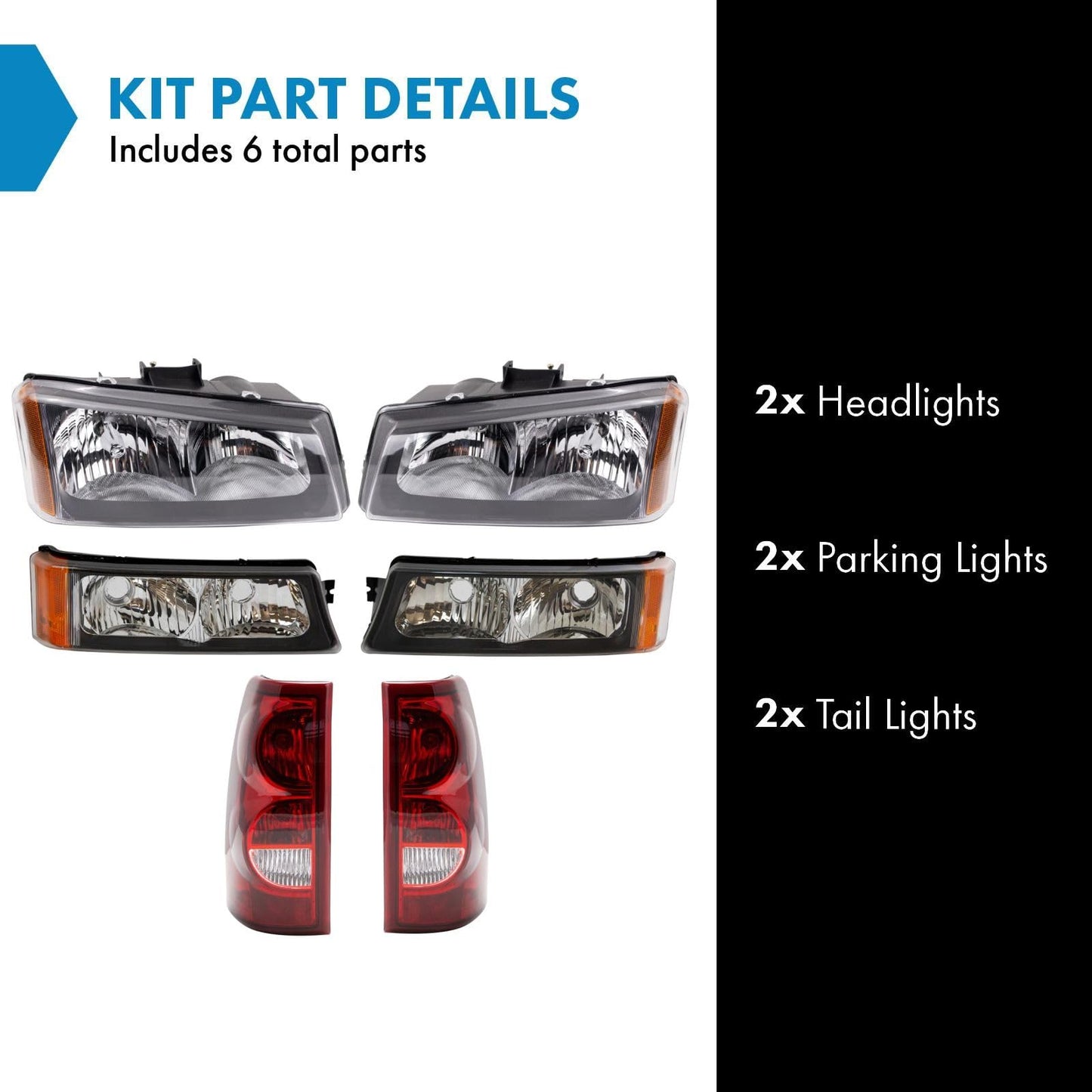 TRQ Headlight Tail Light Assembly Set for 2003 Chevrolet Silverado 1500/2500, Model LKA55978, Black