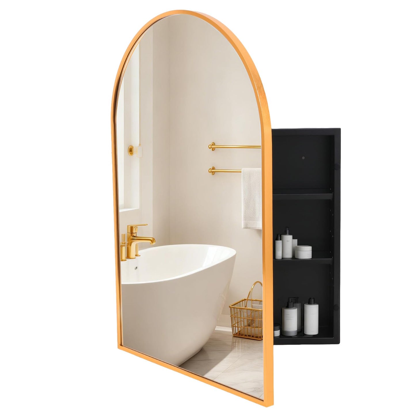 VIWILII Gold Metal Medicine Cabinet Arched-Design,Bathroom Mirror with Storage, Recessed or Surface Mounted, 2 Adjustable Metal Shelves (Brushed Gold, 24x32)