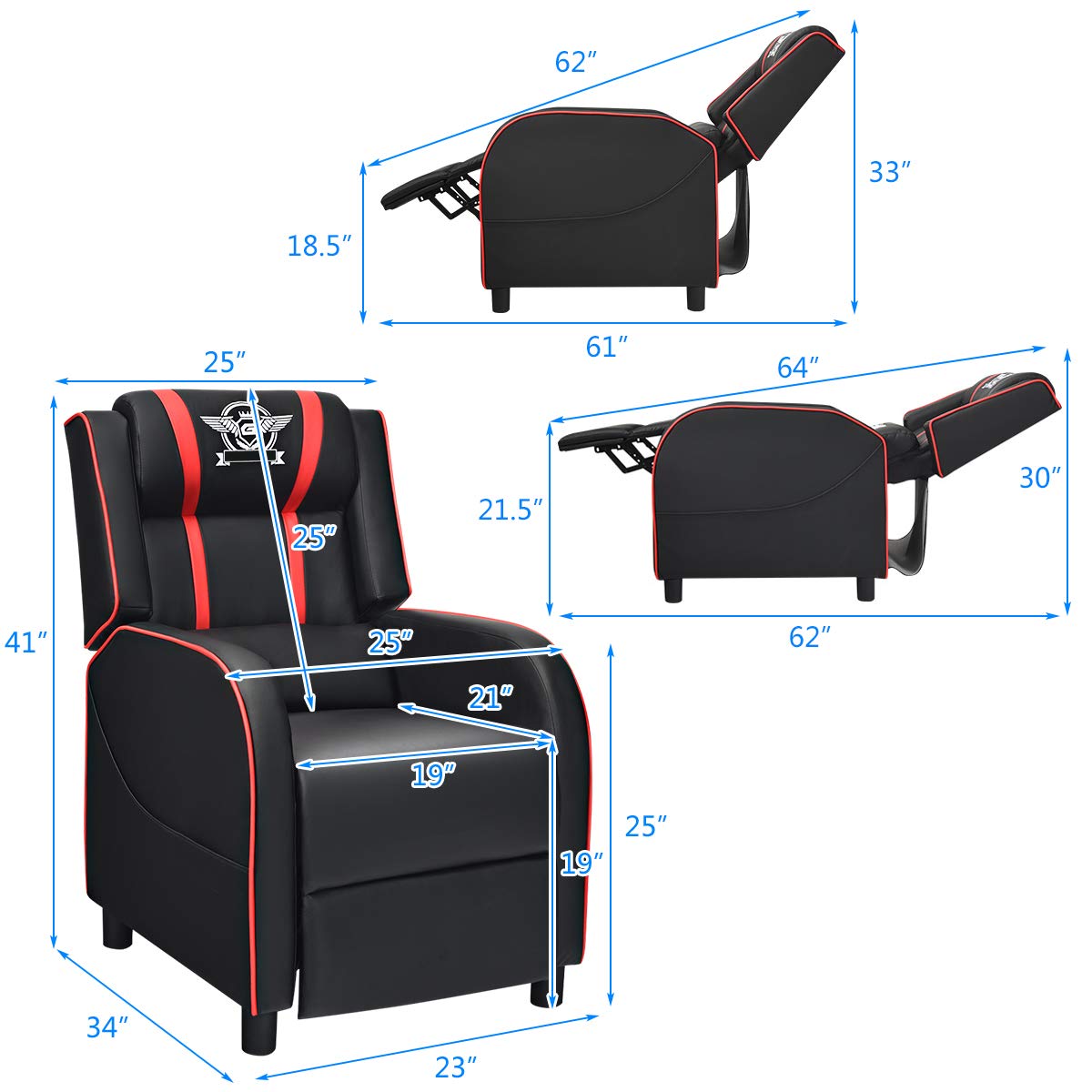 Giantex Gaming Recliner Chair, Adjustable Massage Gaming Chairs for Adults, Ergonomic Comfortable Lounge Leather Sofa w/Footrest, Remote Control & Side Pocket, Racing Style Single Sofa Recliners, Red
