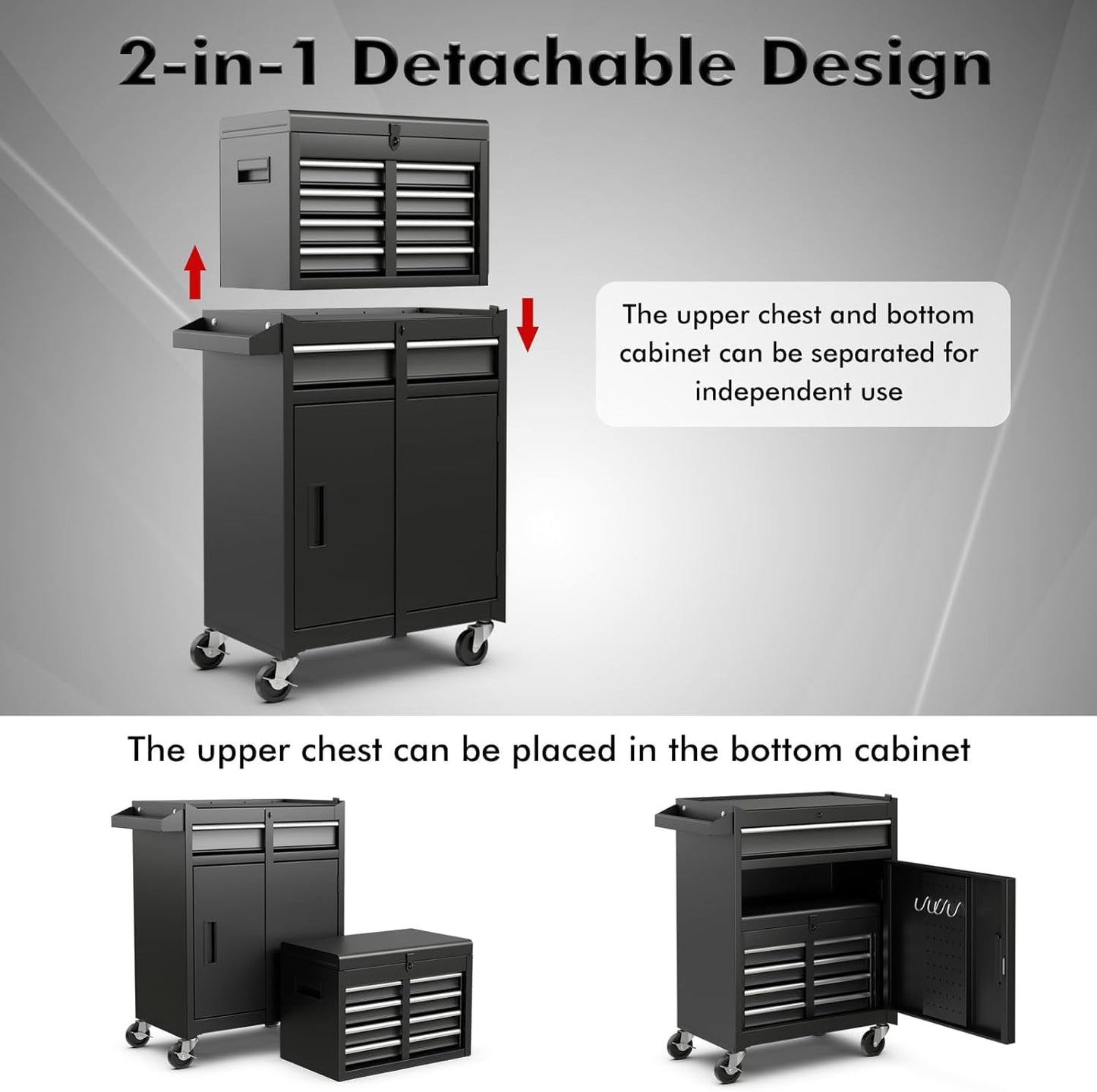 HOMGX 5-Drawer Tool Combination Cabinet, Rolling Toolbox w/Detachable Top & Adjustable Shelf, Lockable Wheels & Sliding Drawers, Large Capacity Tool Storage Cabinet for Garage Workshops (Black)