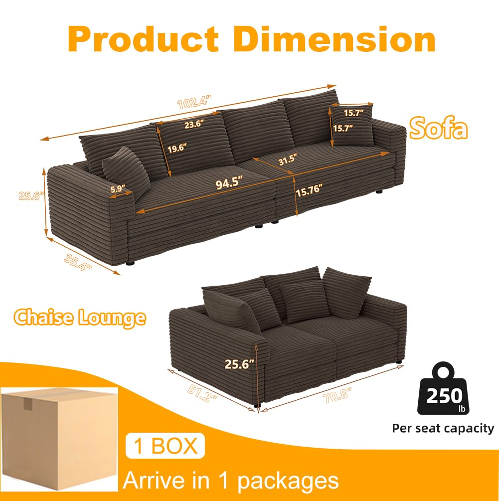 KEIKI 102.4" Sectional Couches, Modern Comfy Upholstered Sofa Cloud Couch, Deep Seat 4 Seat Sofa Set with Soft Pillows for Living Room Bedroom,Apartment,Office, Camel