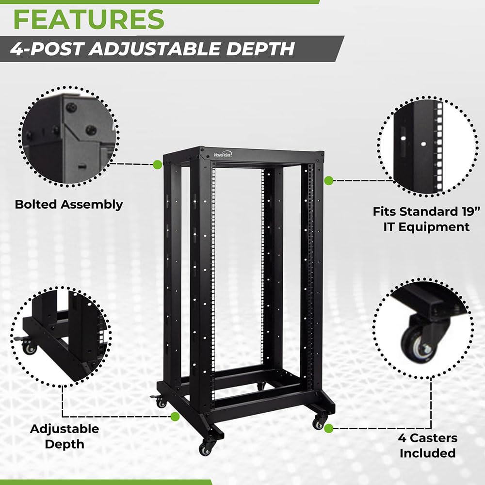 NavePoint 4ft Open Frame 19 Inch 22U 4-Post Network Server Relay Rack Rolling with Casters