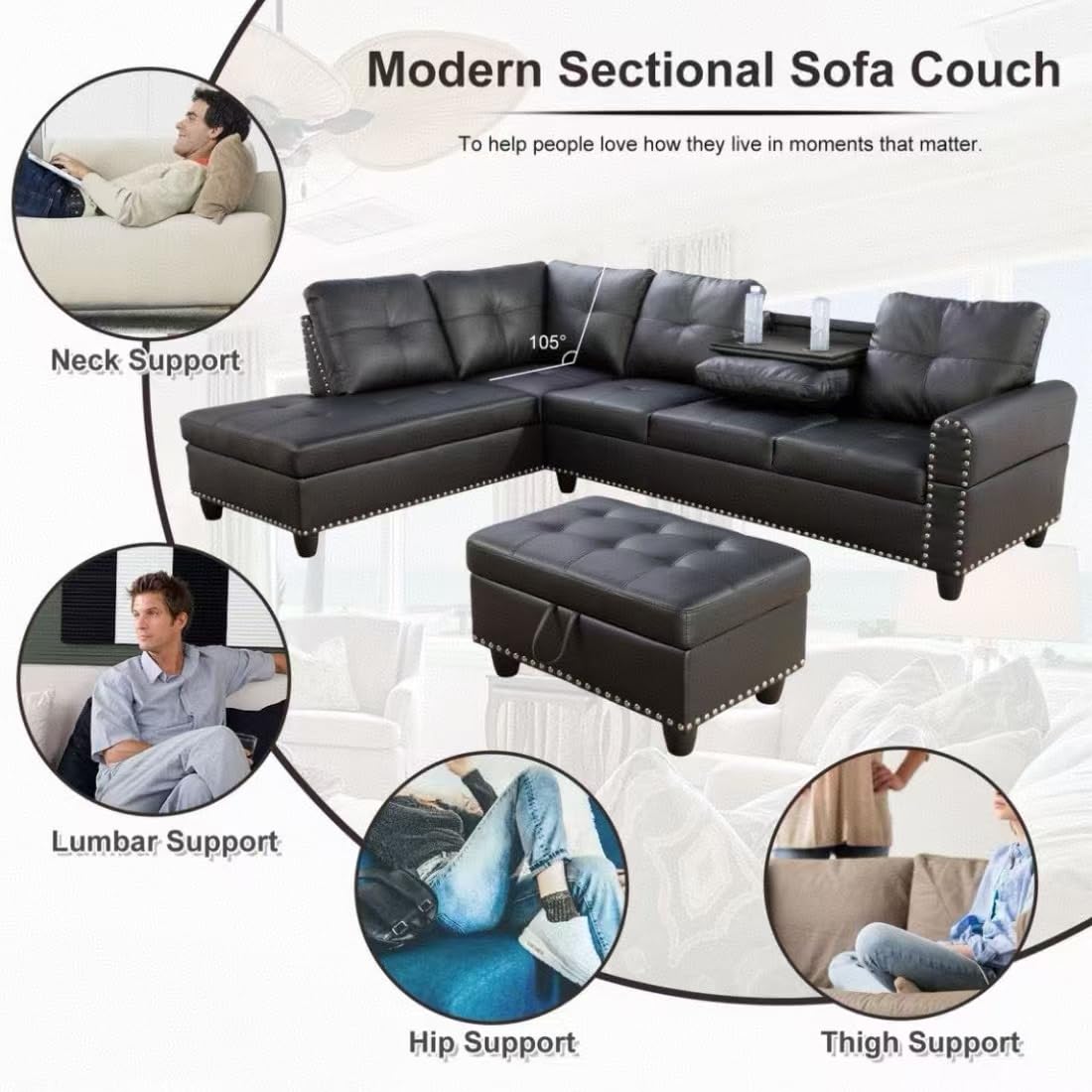 UOCFYK L-Shaped 3-Piece Faux Leather Sofa with Ottoman, Sectional Couch Set for Living Room, Office, Apartment, with Cup Holder, Black
