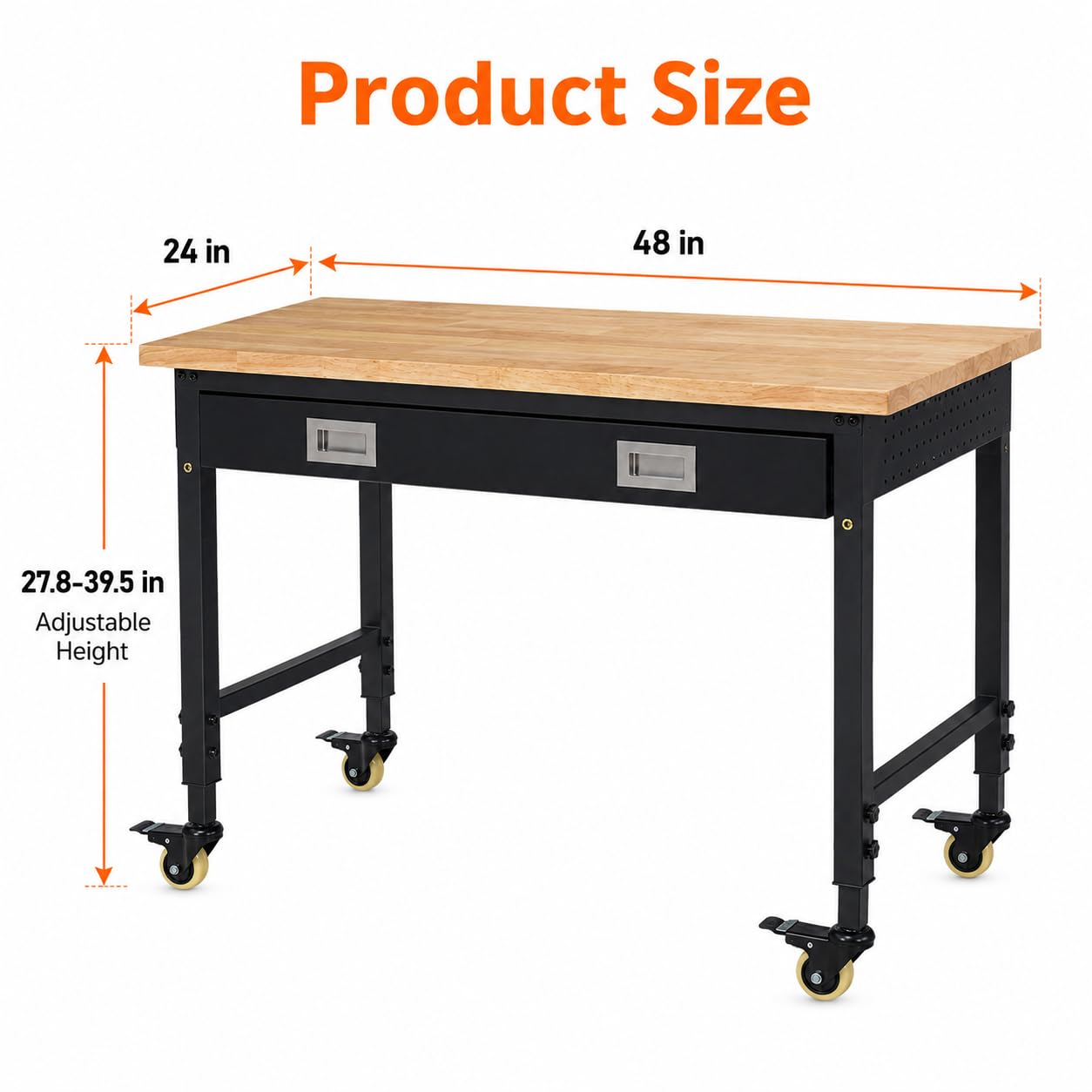 48"x24"x1.2" Heavy Duty Adjustable Workbench with Rubber Wood Top, Drawer Storage, 9 ft Power Strip, 2000 LBS Load Capacity, Lockable Wheels, ETL Certified, Black Garage & Workshop Table