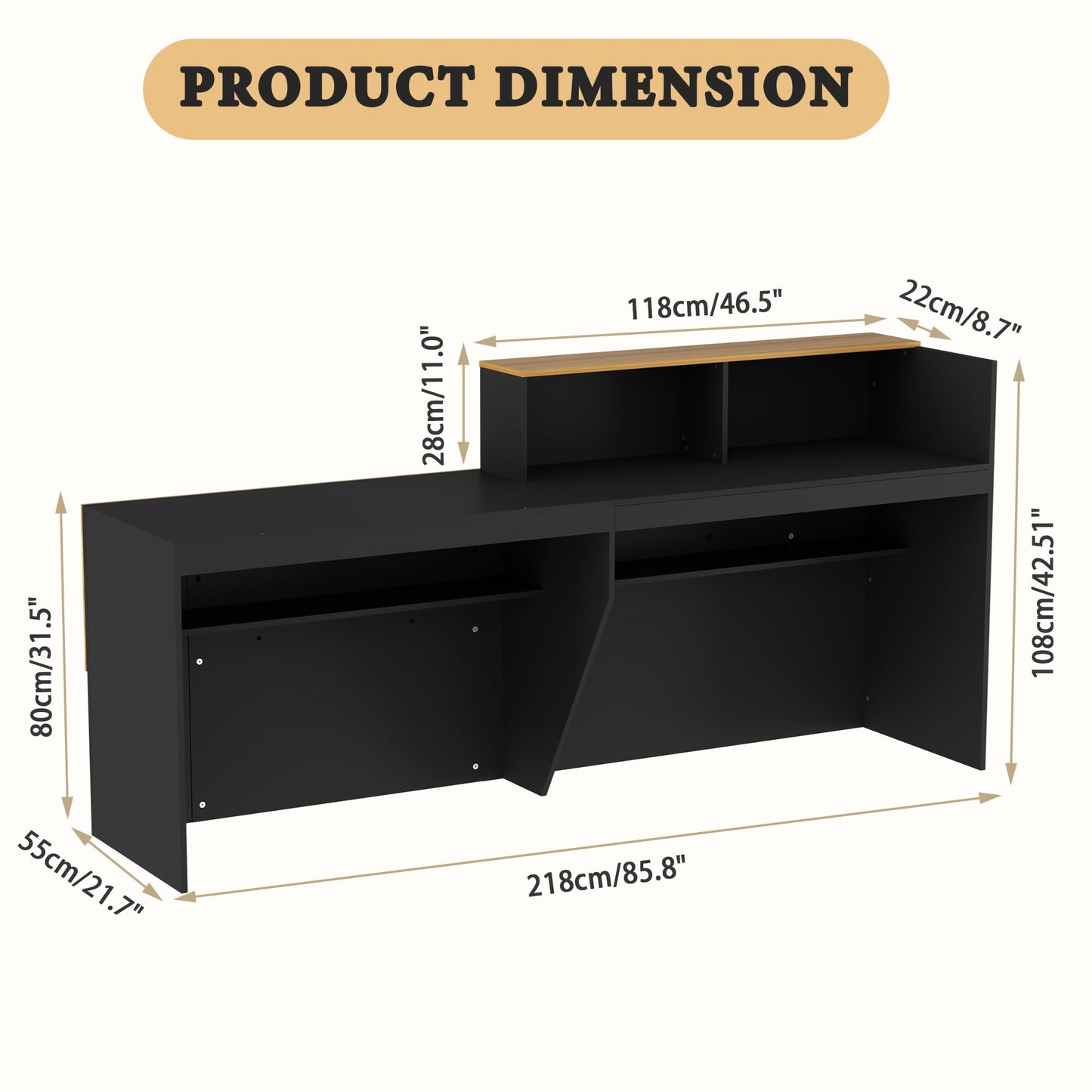 NBEETISM Black L-Shaped Reception Desk – 87 Inch Commercial Front Counter with Storage Rack & Cable Grommet, Heavy Duty Receptionist Desk for Office, Salon, Hotel Lobby