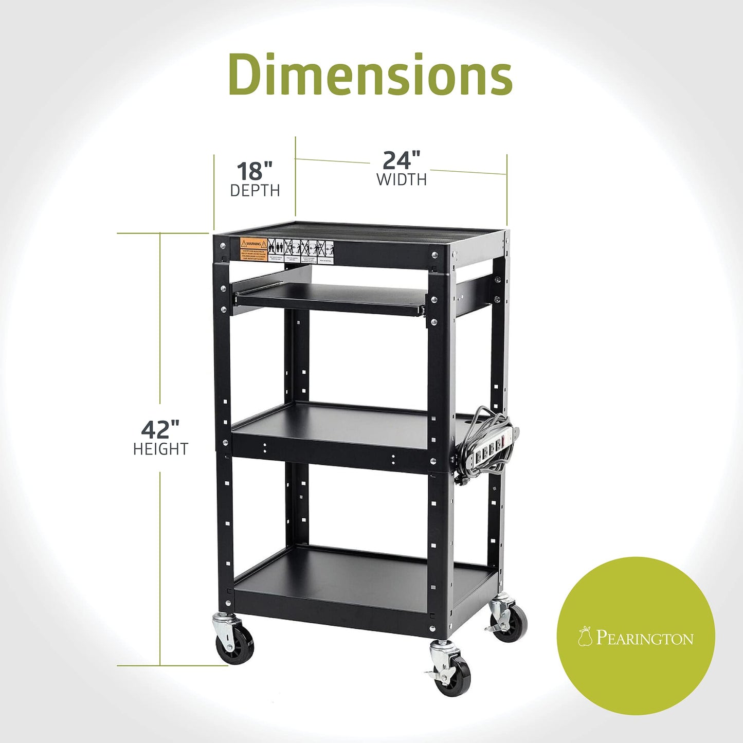 Pearington AV Presentation Cart Stand for Video Projector, TV, Laptop Computers, Printers, Metal Construction Rolling Storage Cart with Adjustable Shelves, 4 Wheels, 4 Outlets, 12ft Cord, Black
