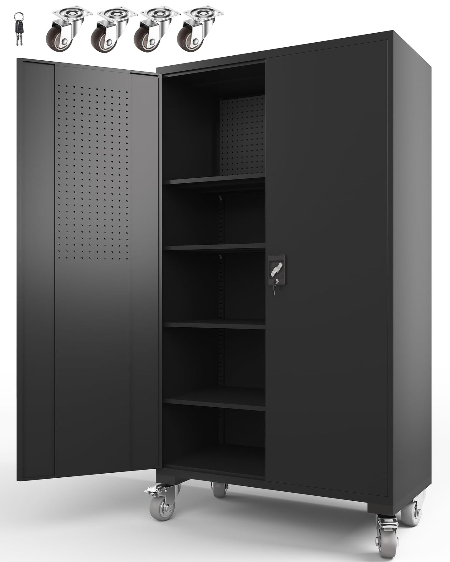 ANTISTA Large Metal Cabinet Two Lockable Doors Four Wheels,Four Adjustable dividers can be Used as Tool File Storage Suitable for garages Schools Gyms Offices
