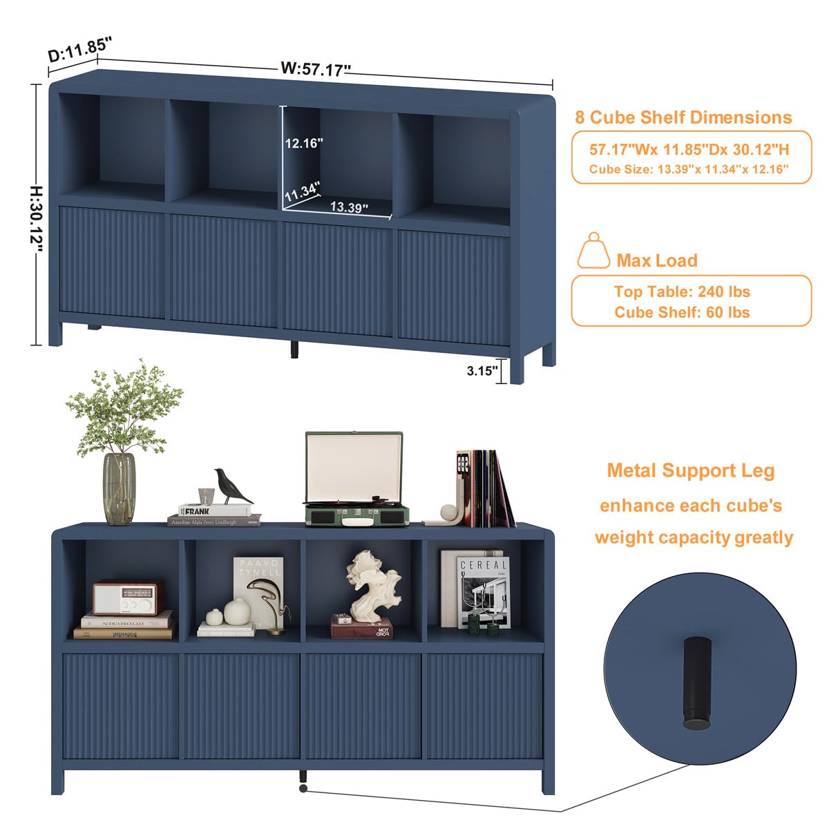 FATORRI 8 Cube Bookcase with 4 Doors, Wooden Bookshelf with Storage Cabinet, Low Horizontal Storage Book Shelf for Home Office, Living Room, Dining (57 Inch Blue)