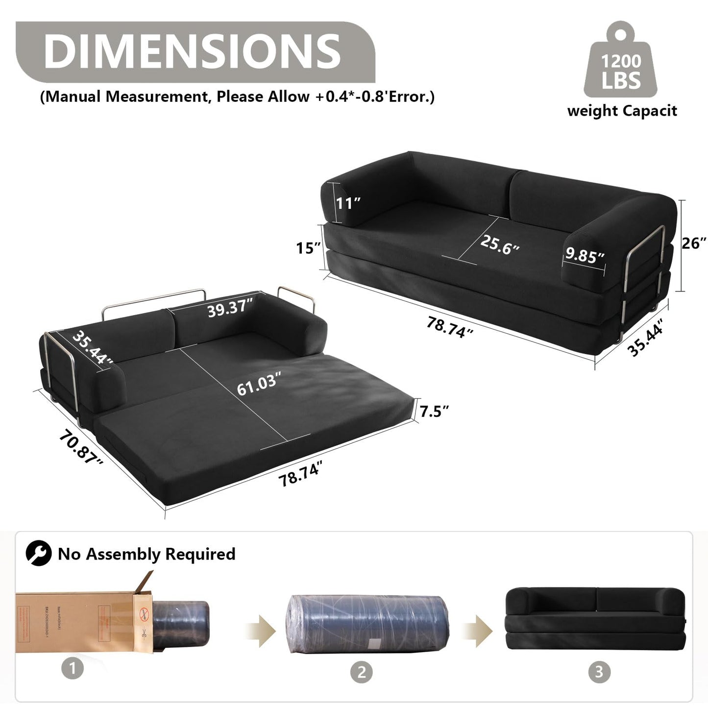 WHGBJA 79" Convertible Sleeper Sofa Bed with Cylindrical Pillow, Corduroy Folding Mattress Couch with Fixed-Shape Frame, Floor Sofa Lounge Couch for Living Room Bedroom Lounge Studio (Black)