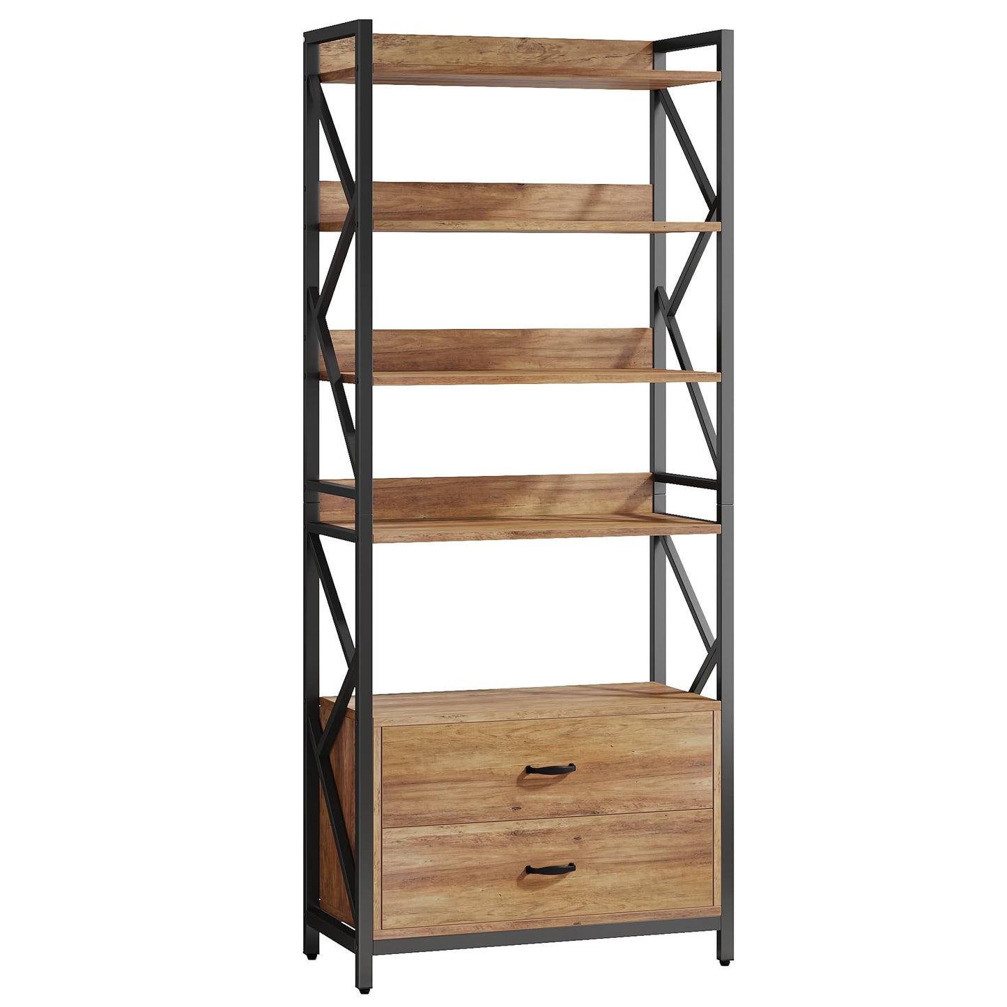 Tribesigns Bookshelf with Drawers, 70.8" Industrial Bookcase with 2 Drawers, 5 Shelf Open Shelf for Storage, Wood Book Shelf for Living Room, Bedroom, Home, Office (1, Rustic Brown)