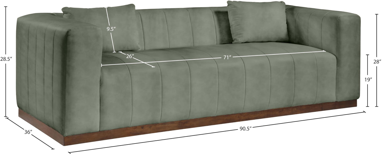 Meridian Furniture 44098Green-S Mallina Collection Modern | Contemporary Sofa with Soft Green Vegan Leather, Walnut Finish Solid Wood Base, Deep Channel Tufting, 90.5" W x 36" D x 28.5" H, Green