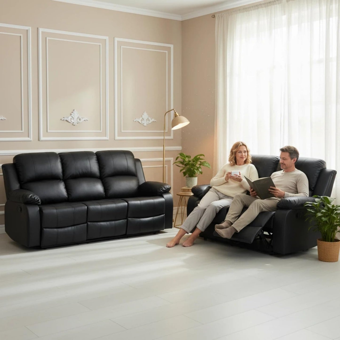 Trygoal Manual Recliner Sofa Set, Leather Reclining Living Room Furniture Set, Adjustable Backrest Reclining Loveseat Sofa and a 3 Seater Couch Furniture Set for Living Room, Home Theater, Black