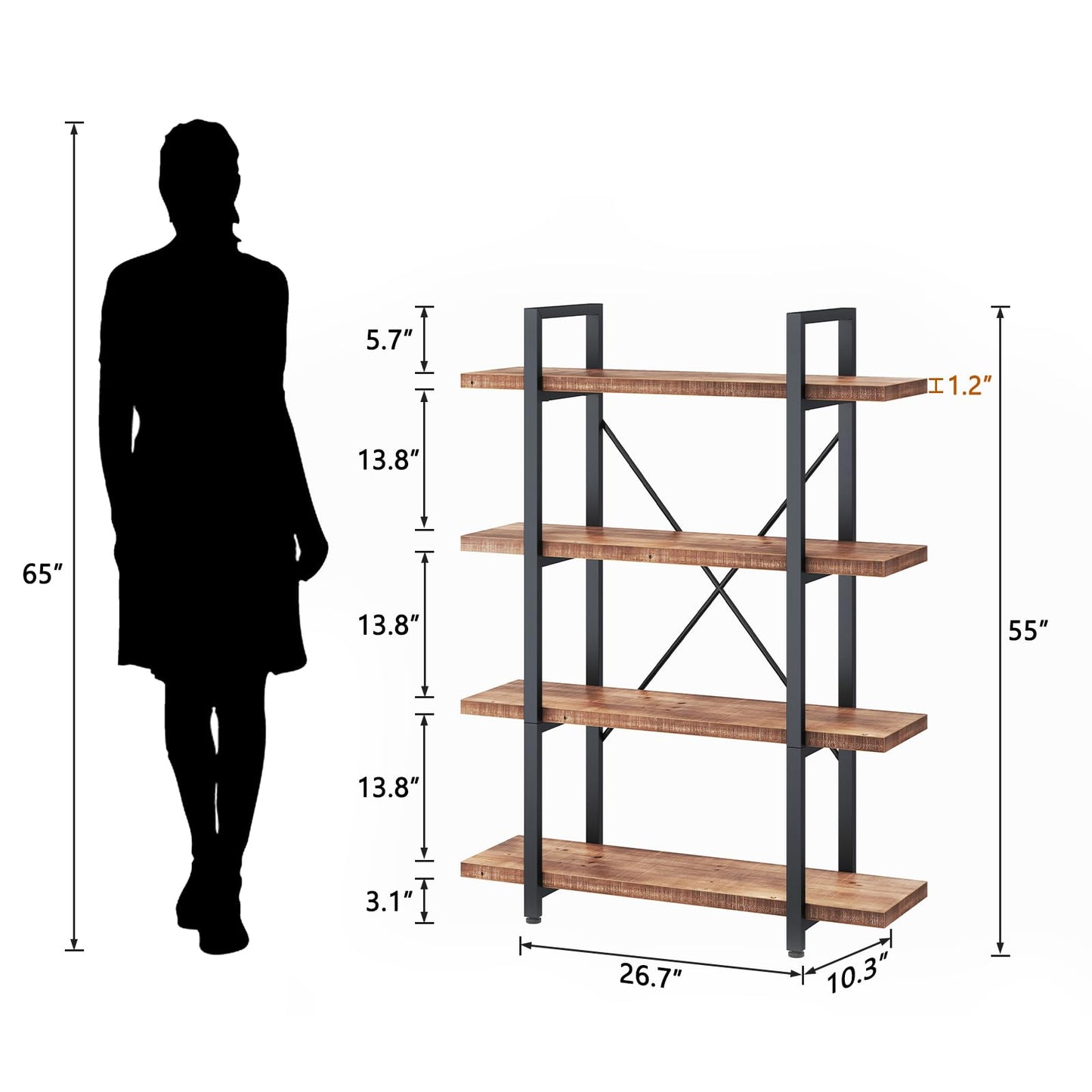 HSH Industrial 4 Tier Solid Wood Bookcase, Real Natural 4 Shelf Rustic Wooden and Metal Bookshelf, Farmhouse Open Vintage Etagere Book Shelf for Office Living Room Bedroom Storage, Distressed Brown