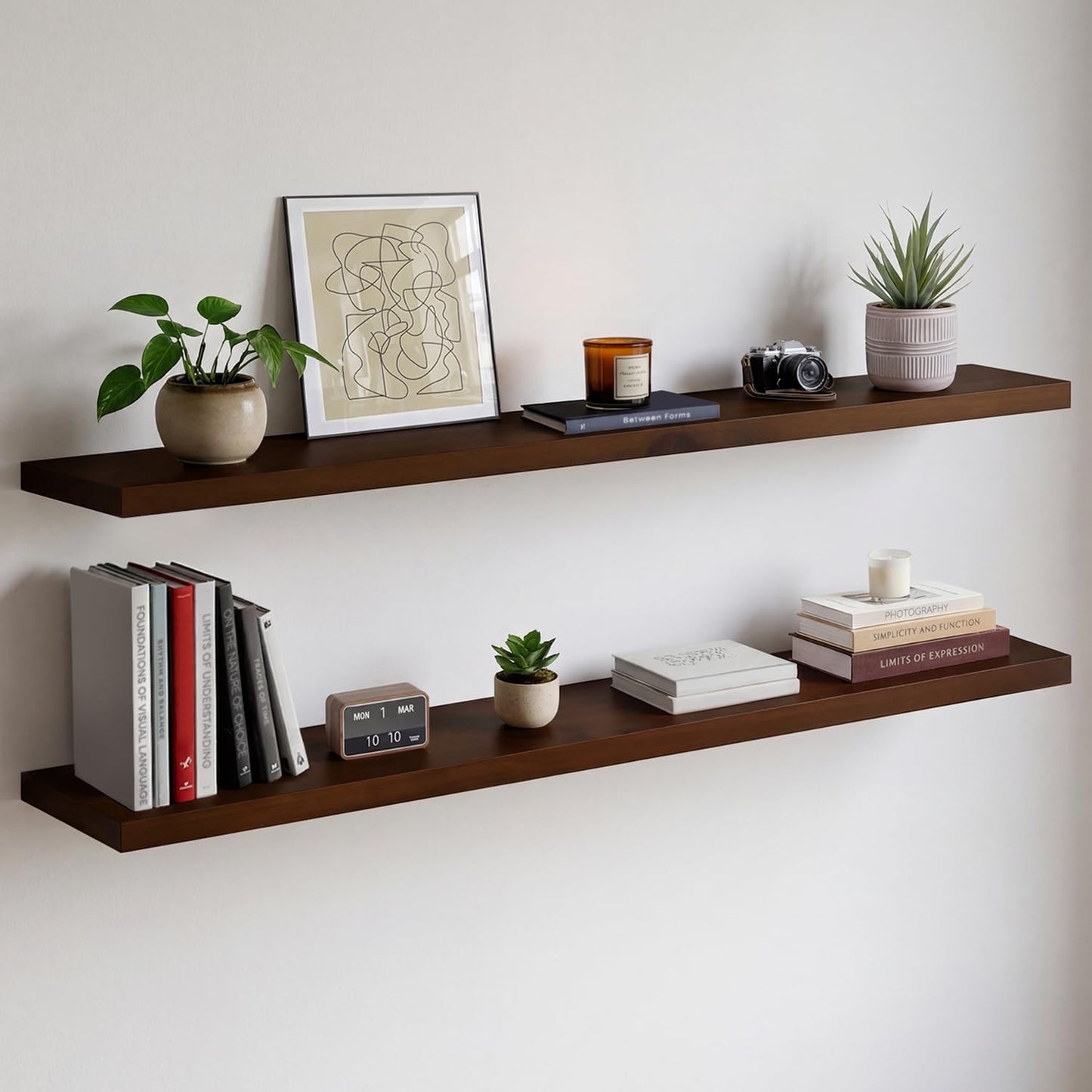 Homeforia Walnut 60 inch Floating Shelf, High End Solid Real Wood 60inch Long Floating Shelf for Wall, Dark Brown Wooden 60in Large Floating Shelves, Heavy Duty Bracket, 60 X 6.5 X 1.75 inch, Set of 2
