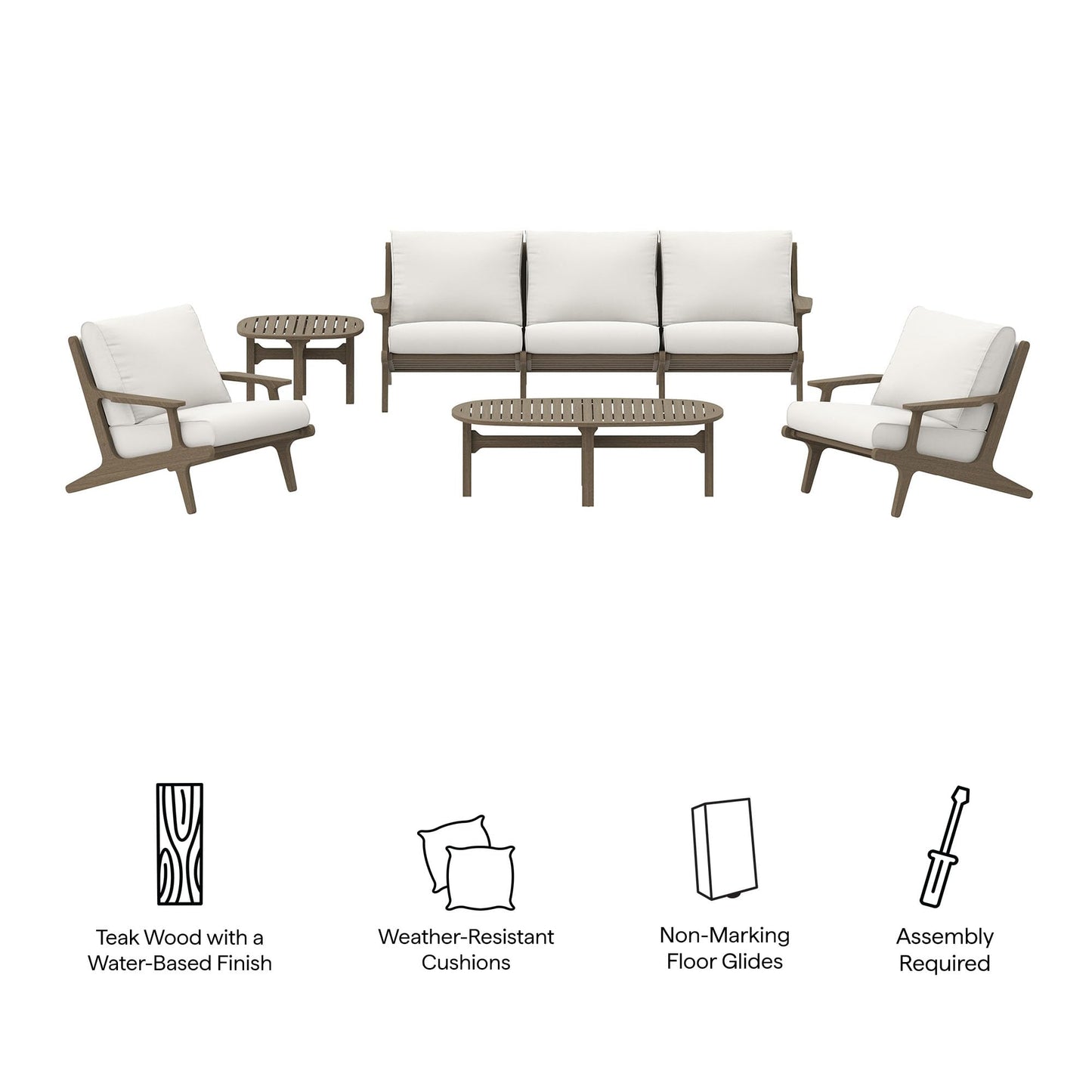 Modway Saratoga 4-Piece Teak Wood Outdoor Furniture Set in Weathered Gray White - Patio Conversation Set with Sofa, 2 Armchairs, and Coffee Table