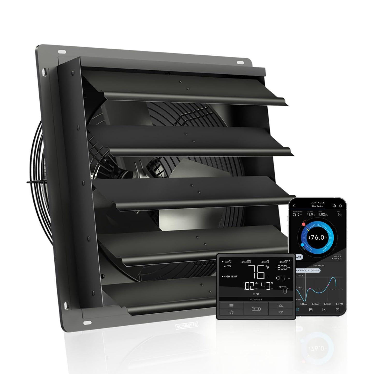 AC Infinity AIRLIFT T16, Shutter Exhaust Fan 16" with WiFi Temperature Humidity Controller, EC-Motor Wall Mount Ventilation and Cooling for Sheds, Attics, Workshops, and Greenhouses