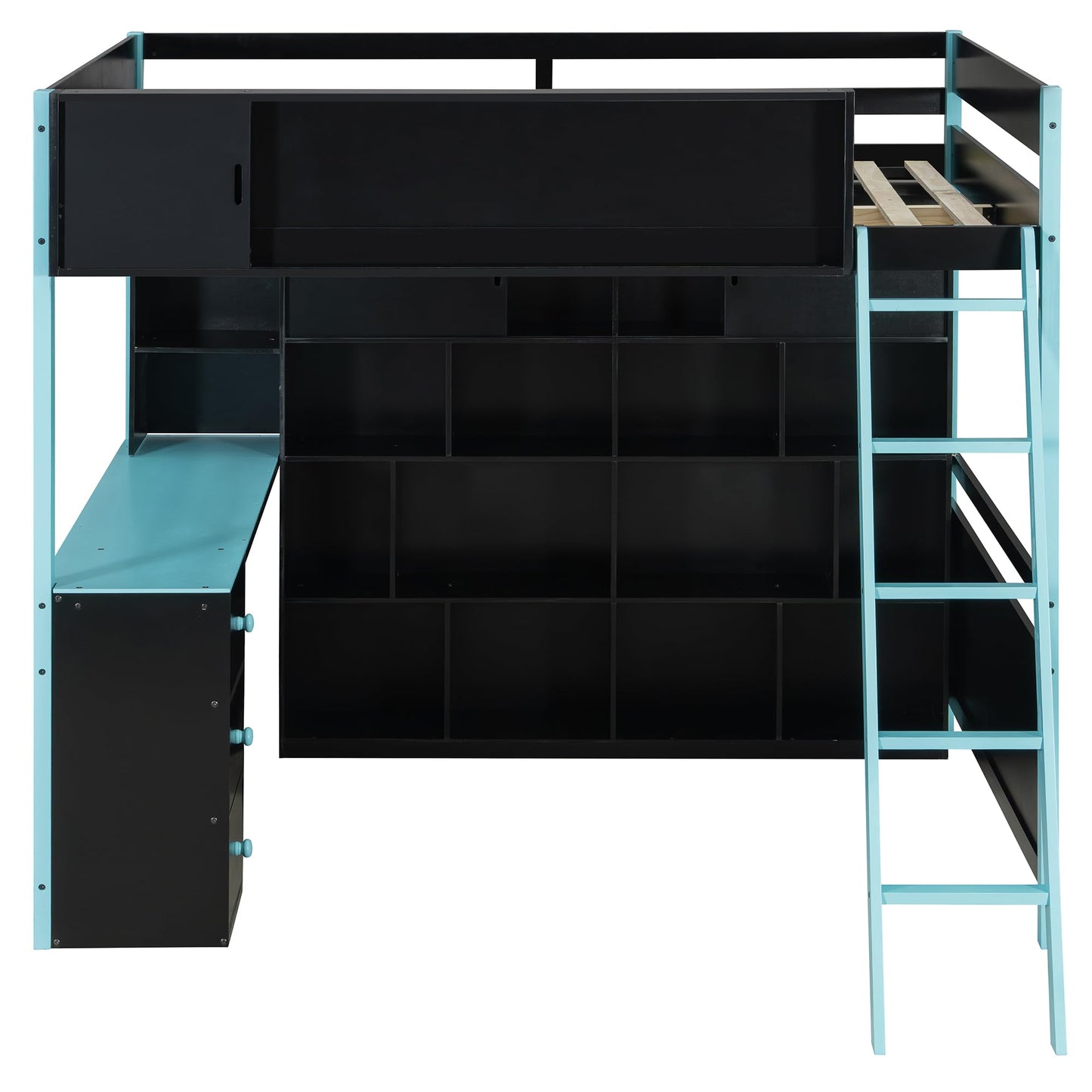 Merax Full Size Wood Loft Bed Frame with Desk and Ample Storage Space, Gaming Bed with Light Strip for Teens Bedroom, Full-Length Guardrails, No Box Spring Needed, Blue