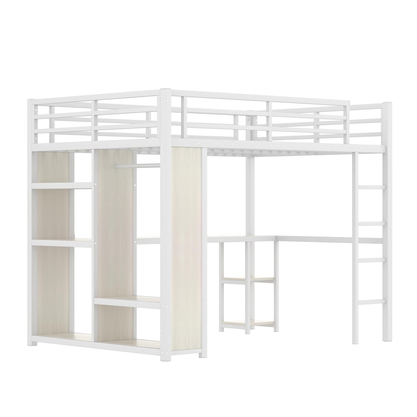 Bellemave Queen Size Loft Bed with Desk, Wardrobe, Metal Queen Loft Bed Frame, White Wood-Grain